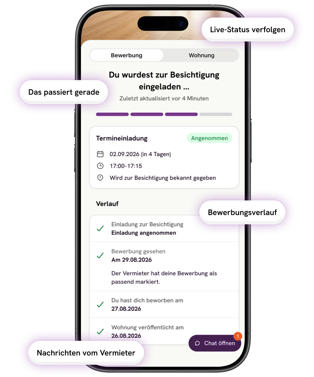 Wohnsinn App mit Bewerbungsstatus auf einem Smartphone